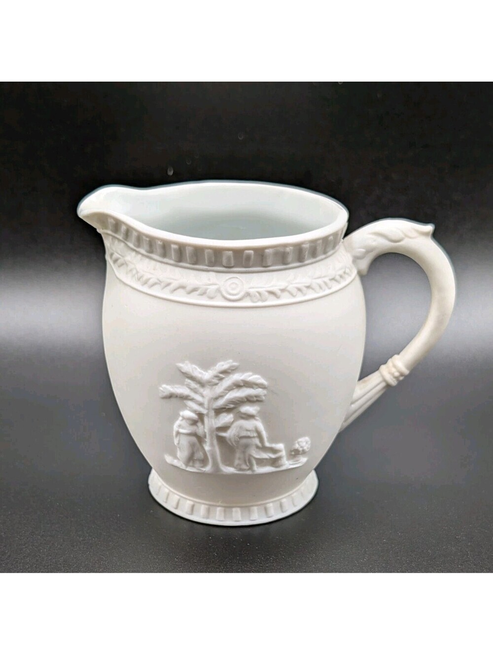 Vintage White Milk Glass Creamer Pitcher Bird Handle Classical Relief Unmarked